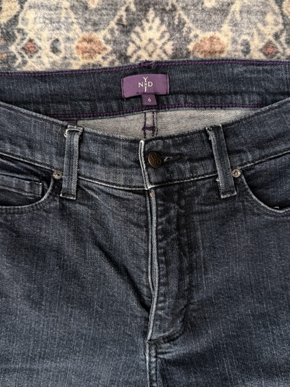 NYDJ Dark Wash Blue Jeans with Purple Waistband Accent